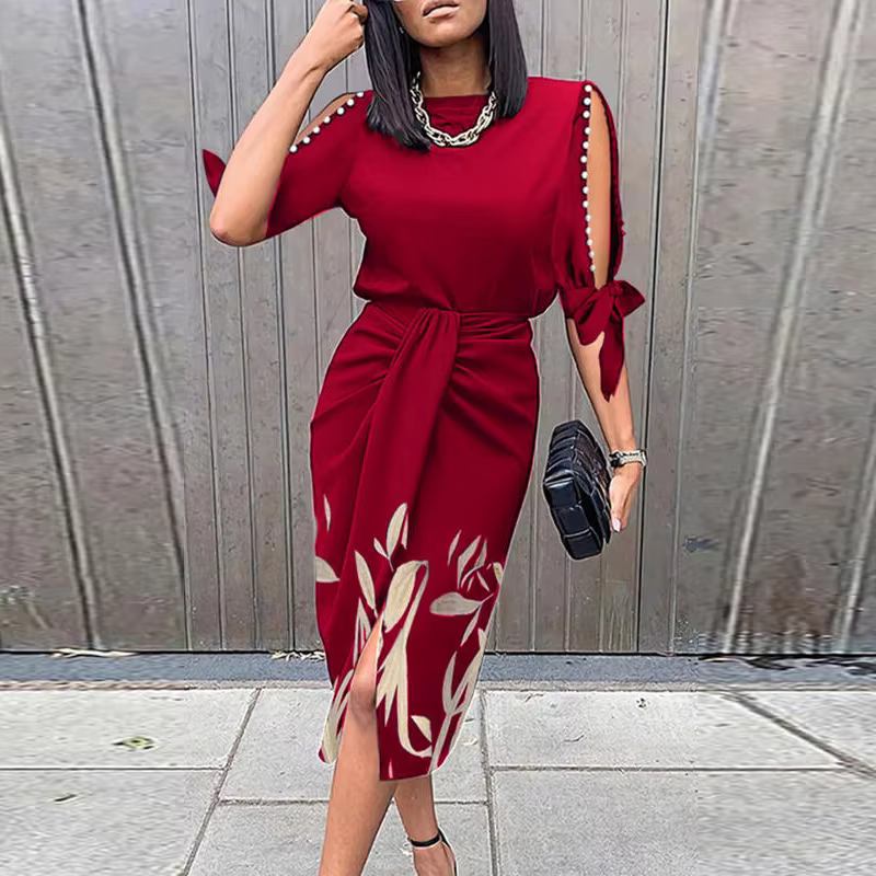 Robe de soirée élégante à manches courtes pour femmes, col rond, plis, longueur au genou, laçage déc