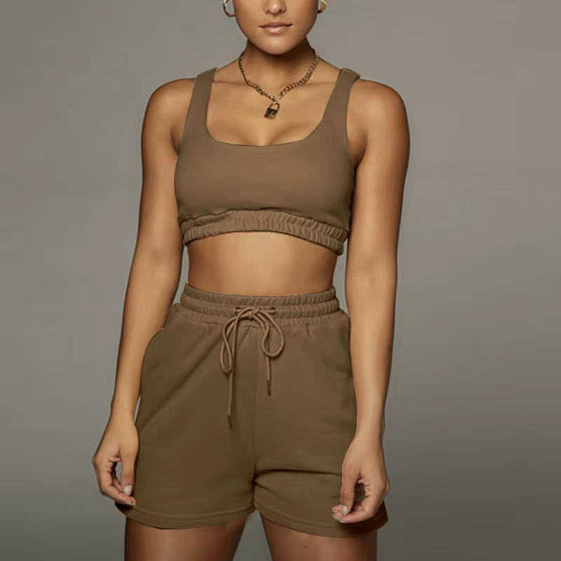 Ensemble haut court et short à cordon de serrage, débardeur de Fitness Sexy à col en U, short de mot