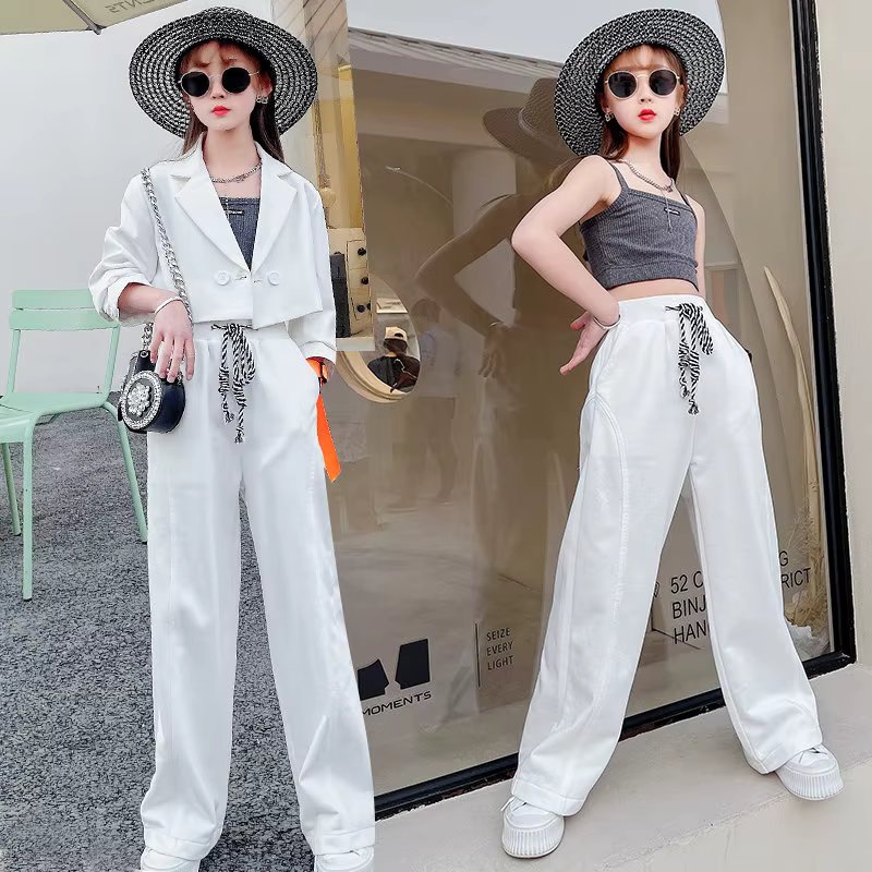 Ensemble de vêtements pour adolescentes, Top court + veste Blazer et pantalon, costume blanc 3 pièce