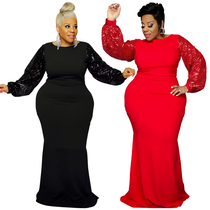 Robe de soirée rouge à paillettes pour femmes, manches longues, maxi, sexy, grande taille, paillette