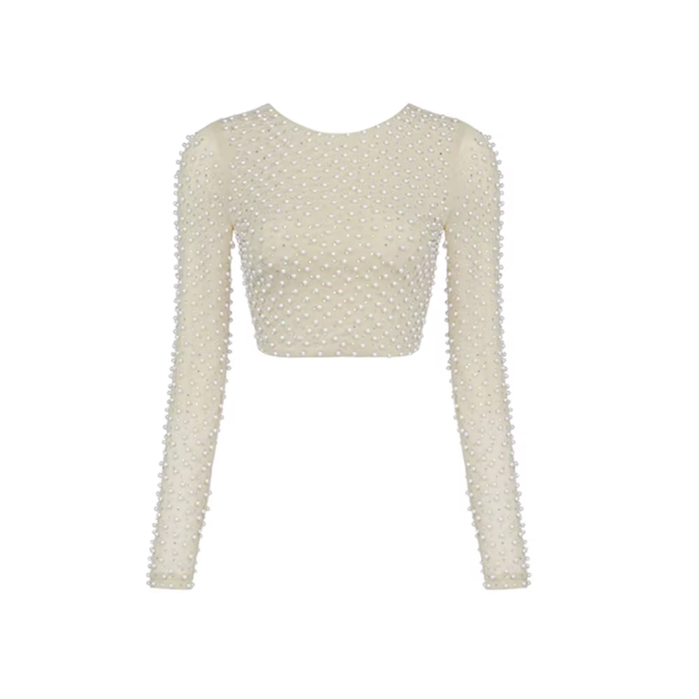 Sexy perles haut tendance femmes à manches longues vêtements Club fête Sexy maille Vintage élégant h