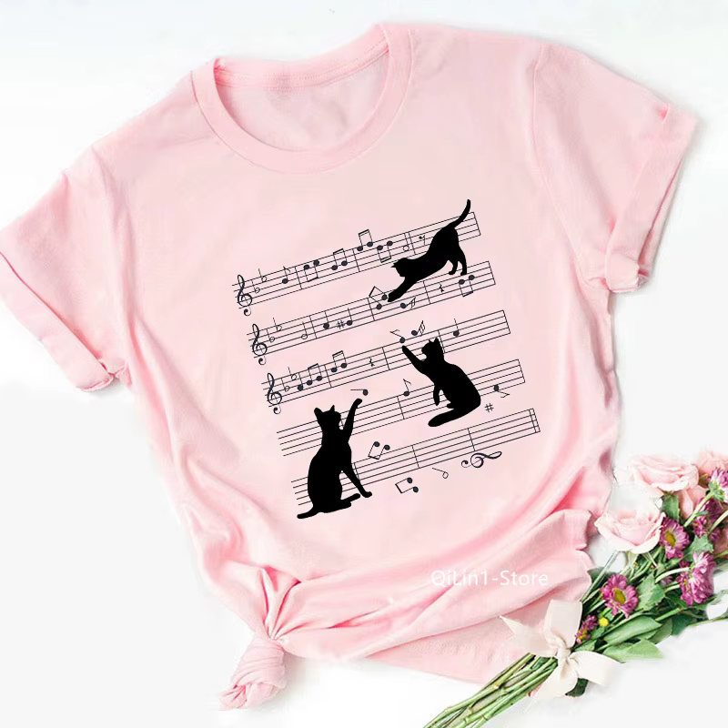 T-shirt femme rose, humoristique, estival, avec note de musique et chat
