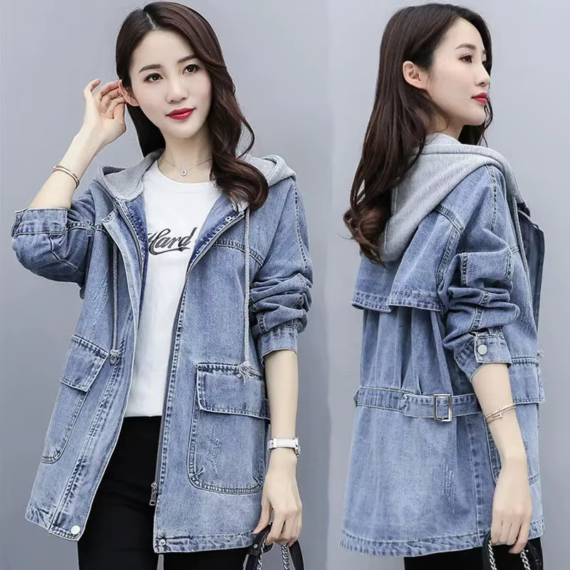 Veste en Jean à Capuche Mi-Longue pour Femme, Style Coréen, Nouvelle Collection Printemps Automne 20