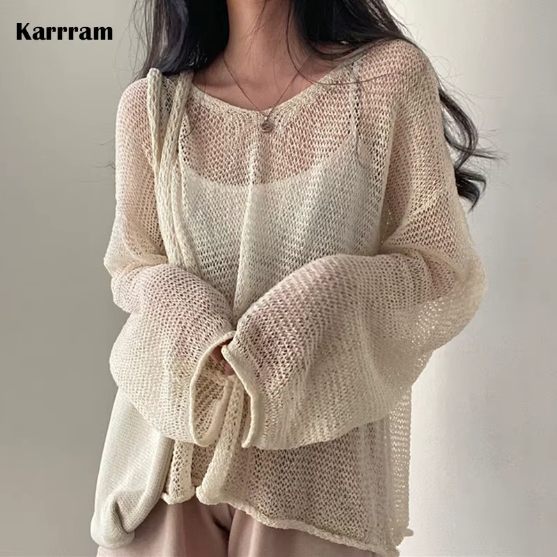 Karrram – pull à manches longues pour Femme, Style paresseux, haut ajouré, Sexy, mode, décontracté,