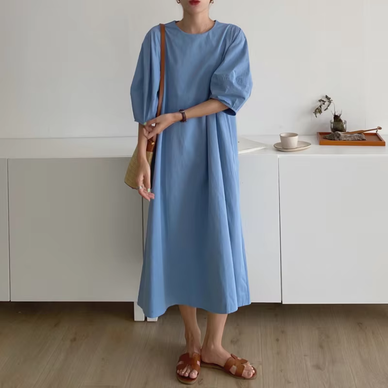 Robe longue beige à manches bouffantes pour femmes, robe d'été simple, robe maxi vintage, taille adt