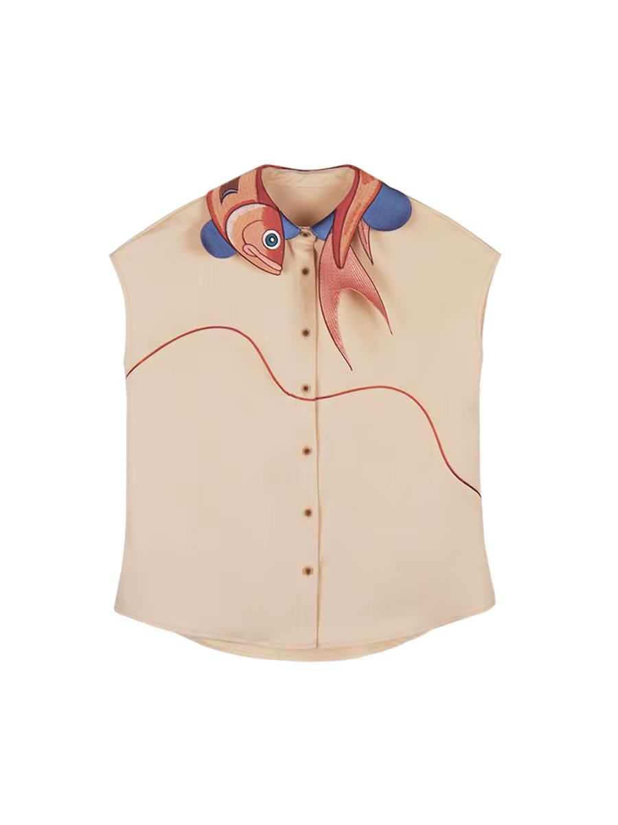 Chemise à manches courtes pour femmes, brodée irrégulière, poisson Koi, printemps et automne
