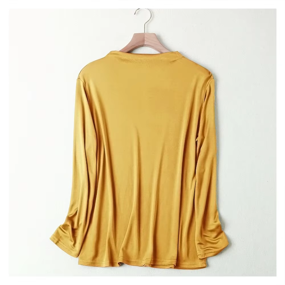 T-shirt en soie tricoté à manches longues pour femme, haut polyvalent à bascule, col rond, couleur u
