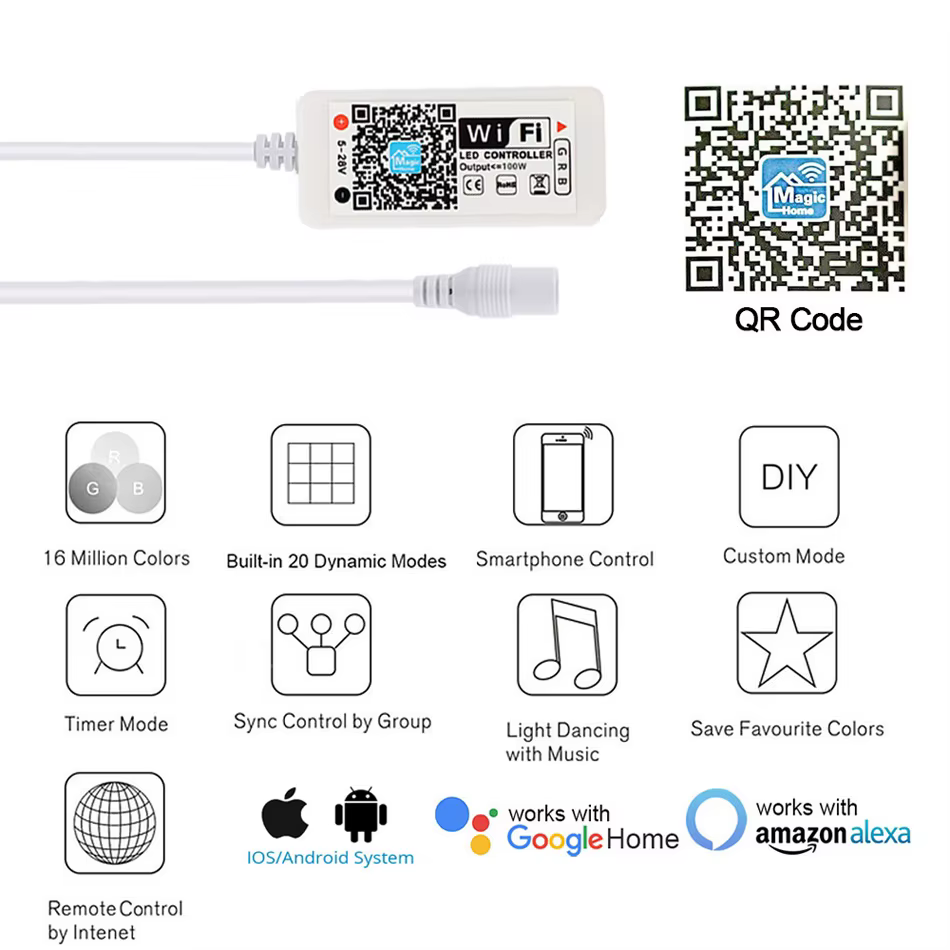 Bande LED WIFI RGB RGBW 12V 24V, contrôleur Android IOS, application Bluetooth, contrôle IR magique 