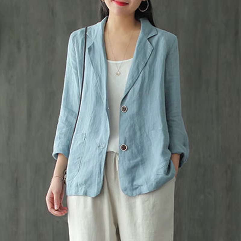 Blazer décontracté en coton et lin pour femmes, vestes fines pour dames, style vintage, solide, docu