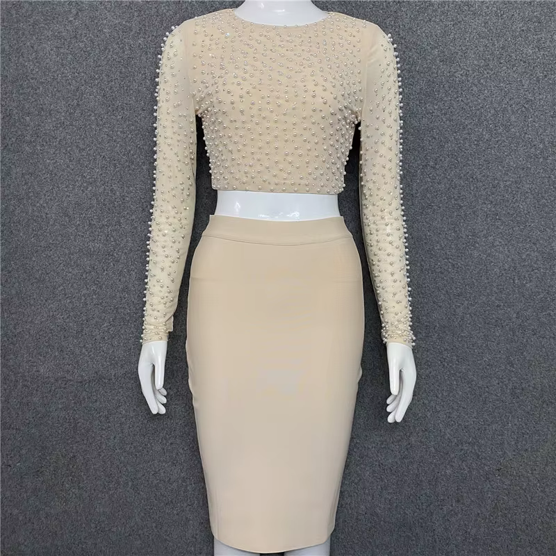Robe bandage noire pour femme, mini robe avec perles, jupe crayon en Y, ensemble sexy pour femme, do
