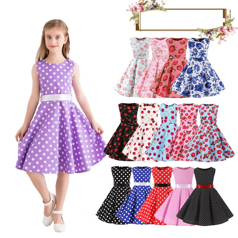 Robes en coton à pois vintage rétro pour filles, robes trapèze, jupe plissée, longueur genou, robe d