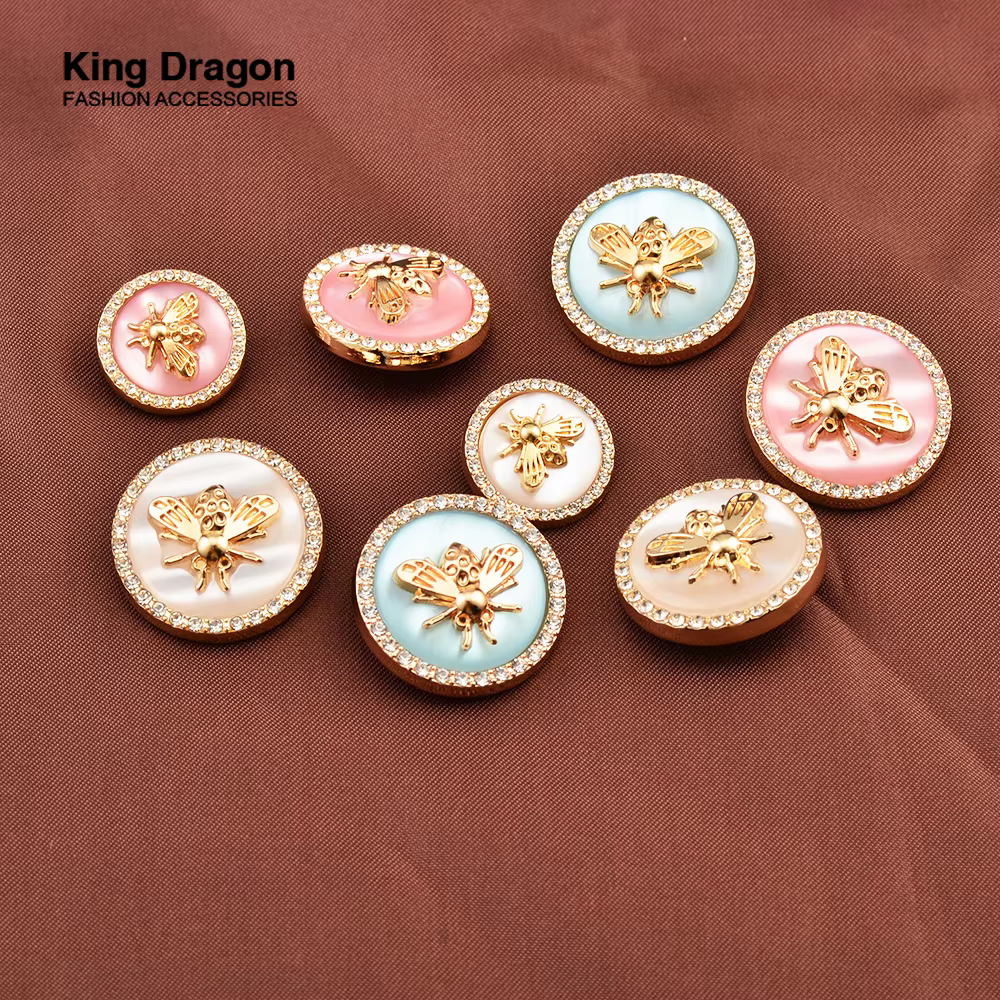 Nouvel Arrivage – Lot de 6 Boutons en Métal Doré avec Strass et Perles Roses et Bleues, Style Abeill