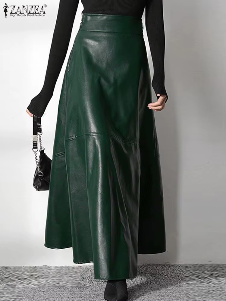 ZANZEA-Jupe longue en cuir PU pour femme, couleur unie, élégante, décontractée, taille haute, fermet