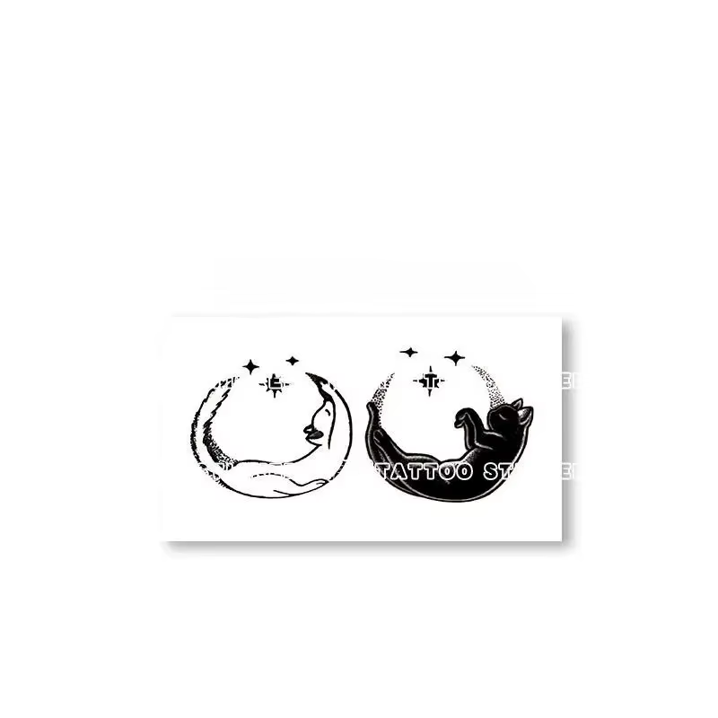 Tatouage temporaire chat noir et blanc lune pour femme homme, autocollant d'art pour le bras, couple