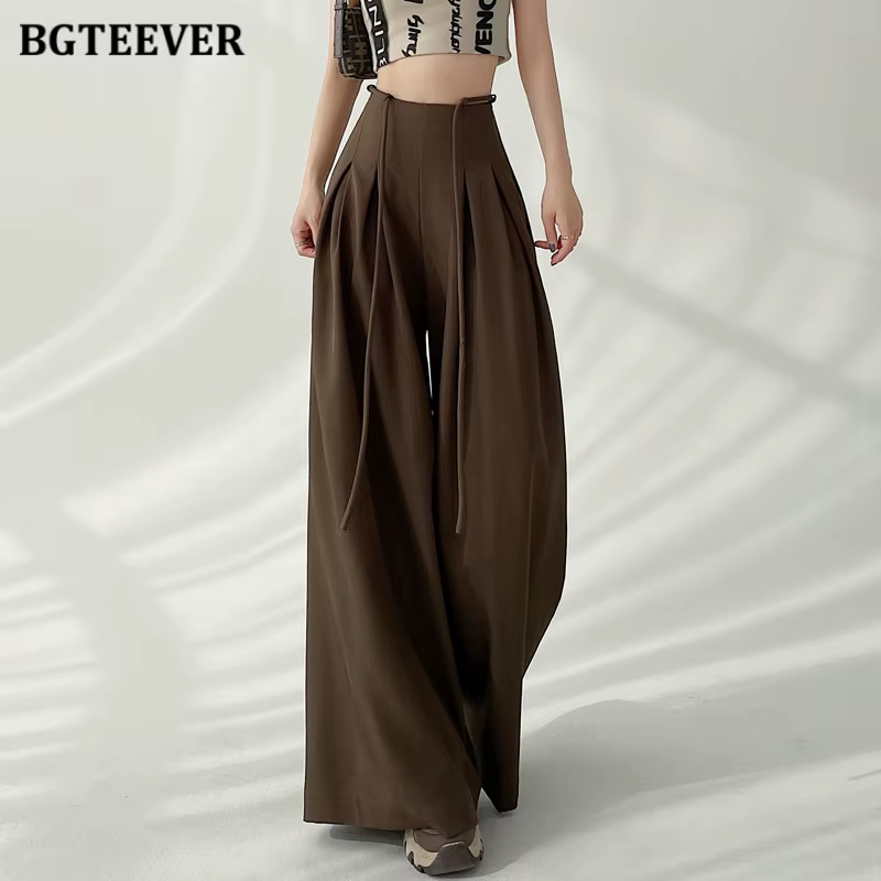 BGTEEVER élégant à lacets taille haute longueur au sol costume pantalon femmes printemps été poches 