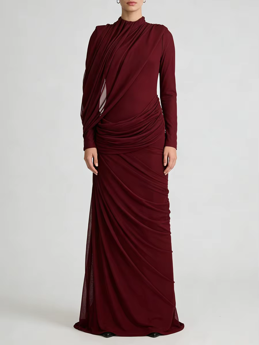 TWOTWINSTYLE Robes pour femmes, design amincissant à plis, style tendance, col montant, manches long