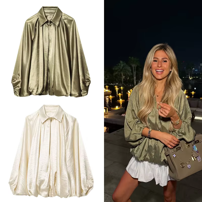 Veste bombardier femme manches longues plis vêtements de rue avec fermeture éclair vert Beige Vintag