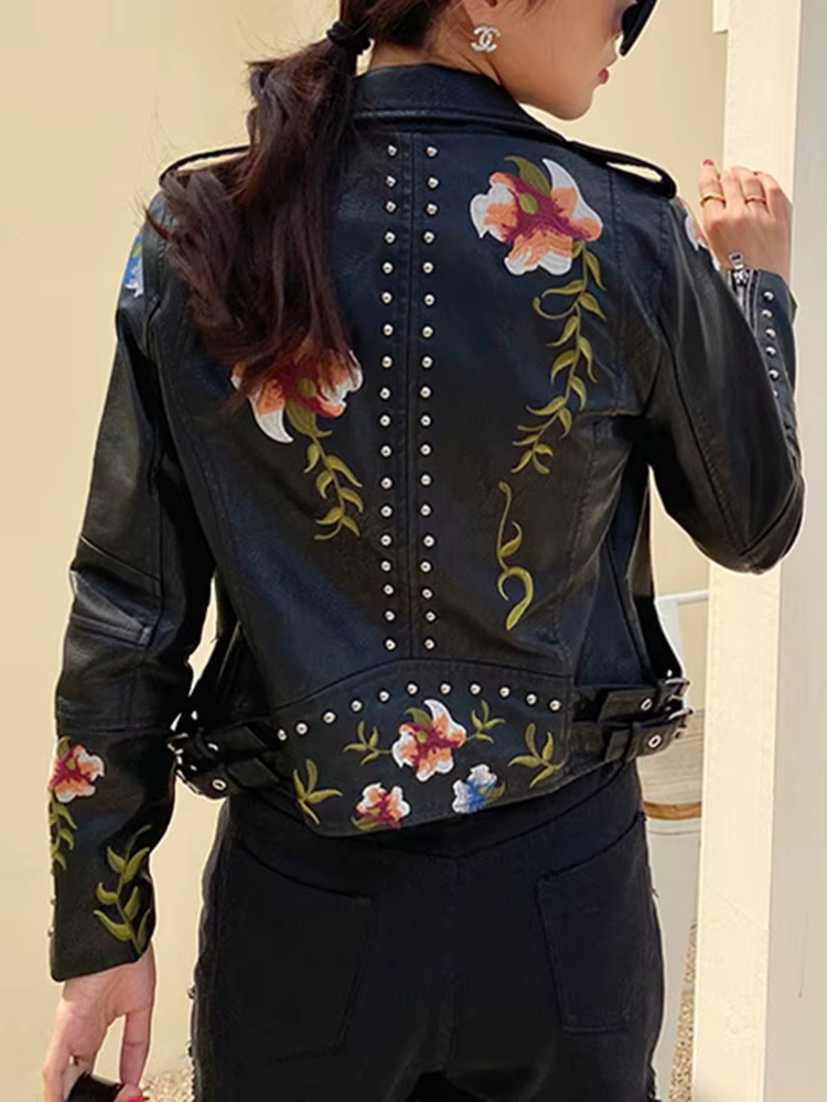 Ailegogo femmes Vintage Floral imprimé brodé Court Noir pu similicuir veste printemps automne femmes