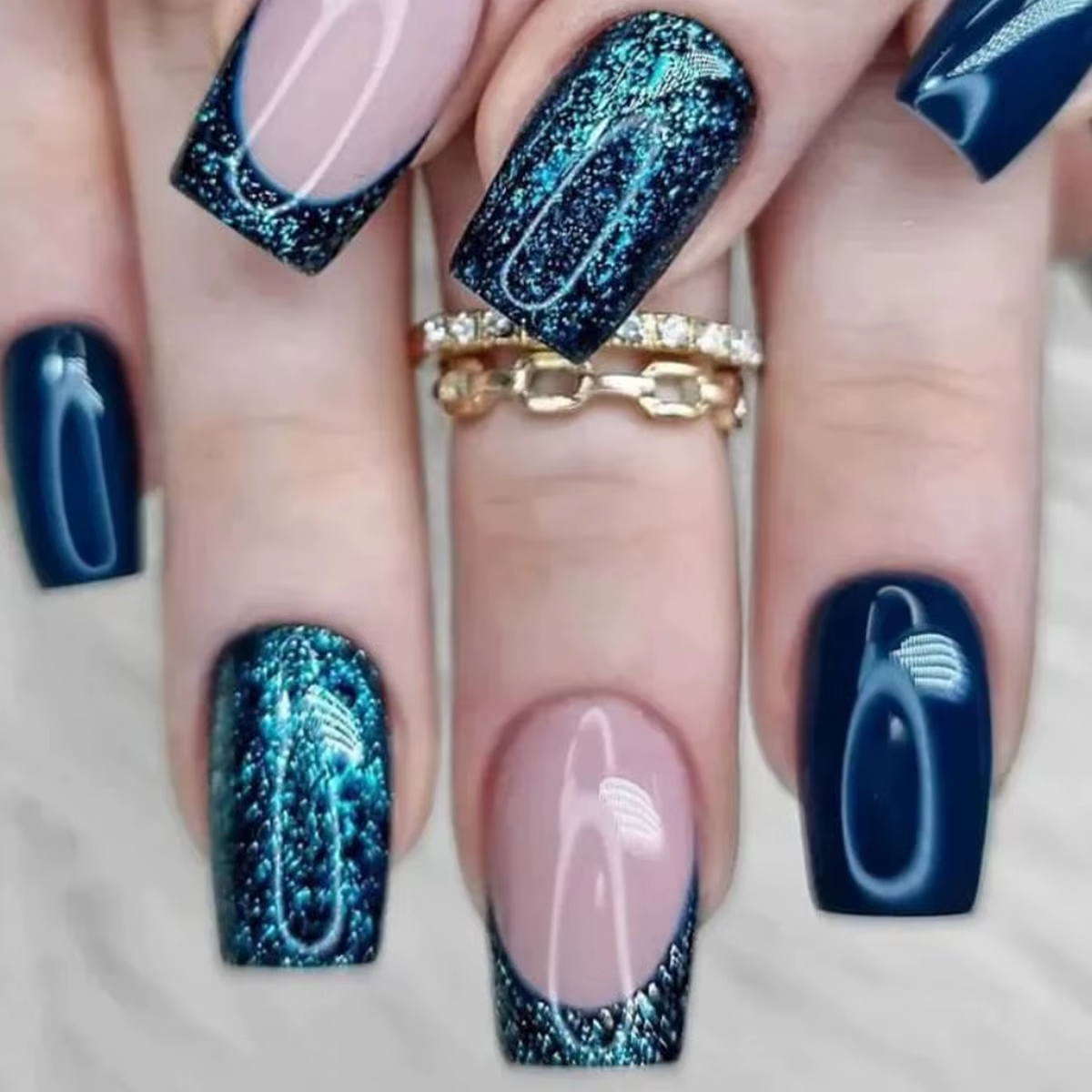 Faux ongles courts N64.avec poudre scintillante pour filles, nail art, couverture complète, français