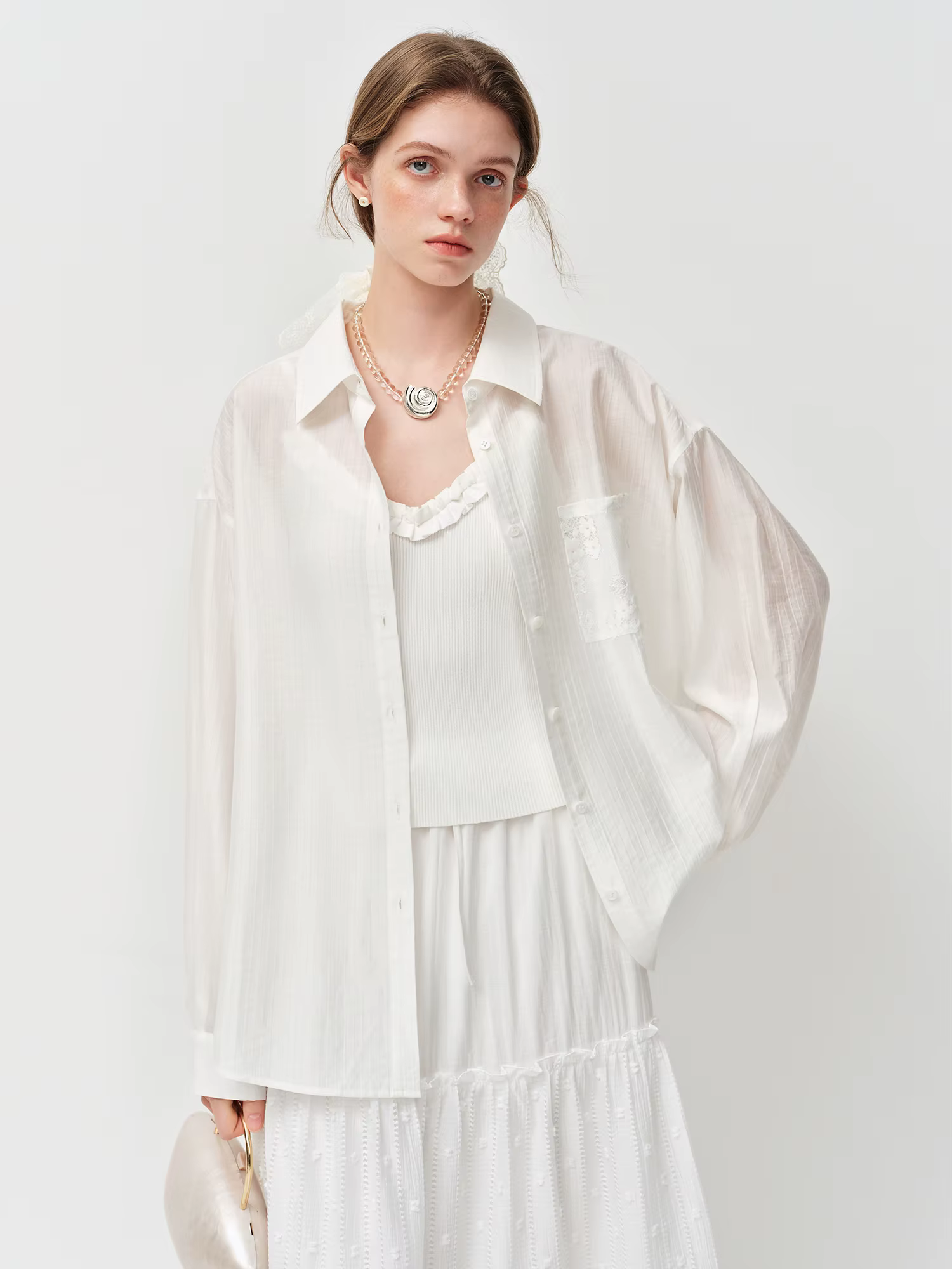 Chemisier blanc à nœud et dentelle pour femme FSLE 2026, col en V, manches courtes, chemise de créat