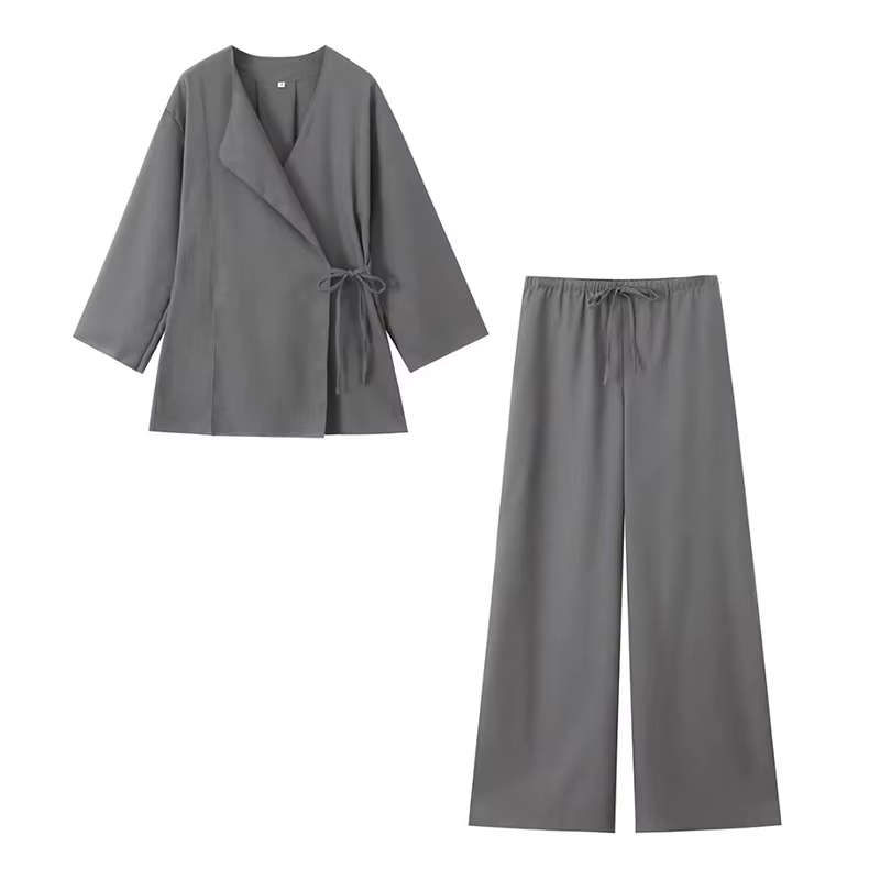 Willshela femmes mode 2 pièces ensemble solide à lacets chemises et Vintage taille élastique pantalo