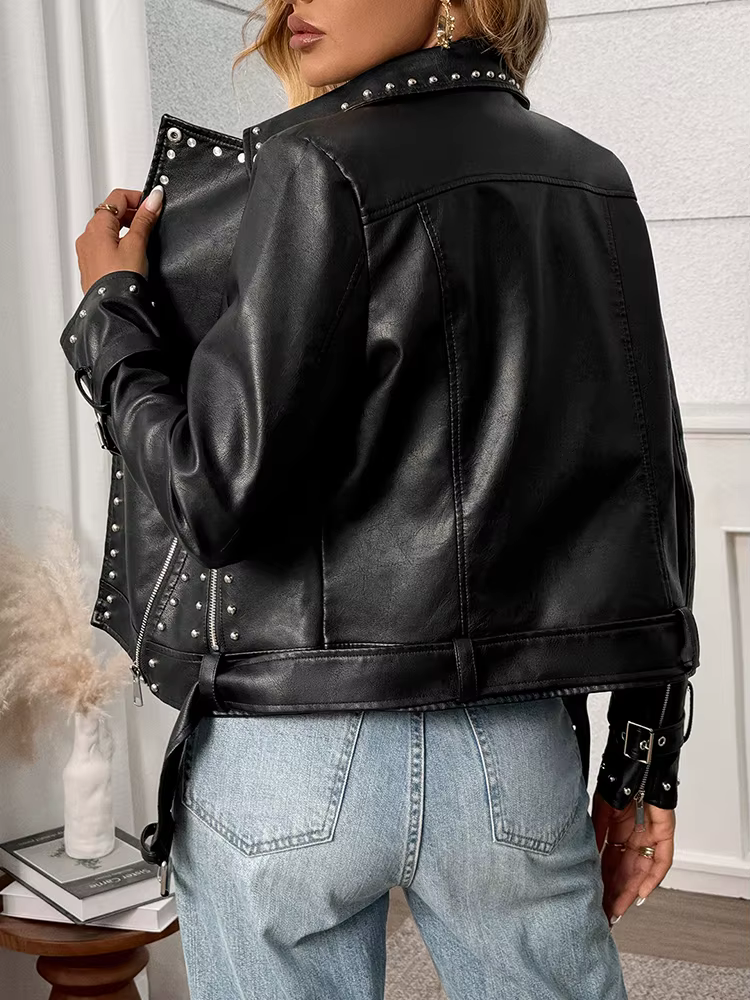 Ailegogo printemps automne femmes Streetwear Rivet fermeture éclair ceinture Faux cuir veste Vintage