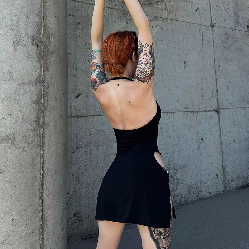 Robe Sexy pour femmes, élégante, sans manches, boucle d'anneau, fente haute, découpe, robes de boîte