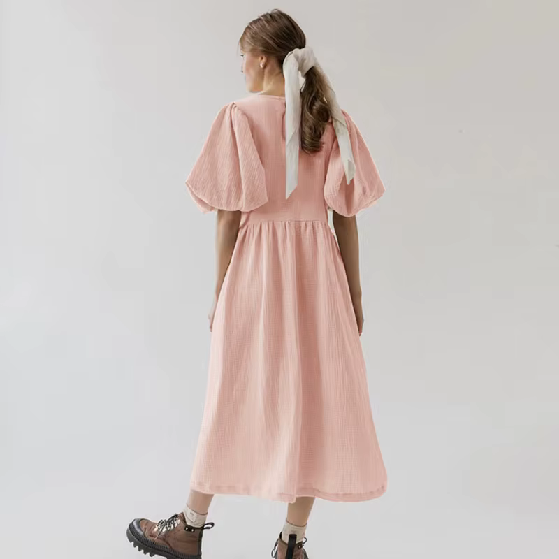 Robe longue vintage à manches bouffantes pour femme, mousseline, pansement, gaze, col en V, bandage,