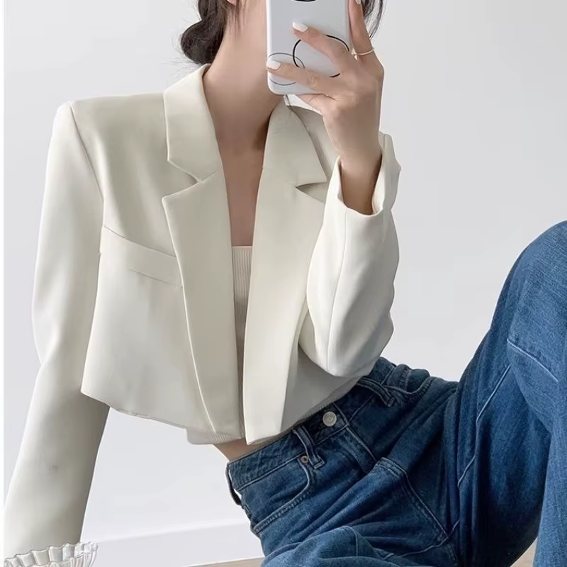 Mode femmes Blazer court blanc vestes de base haut élégant solide à manches longues ouvert avant man