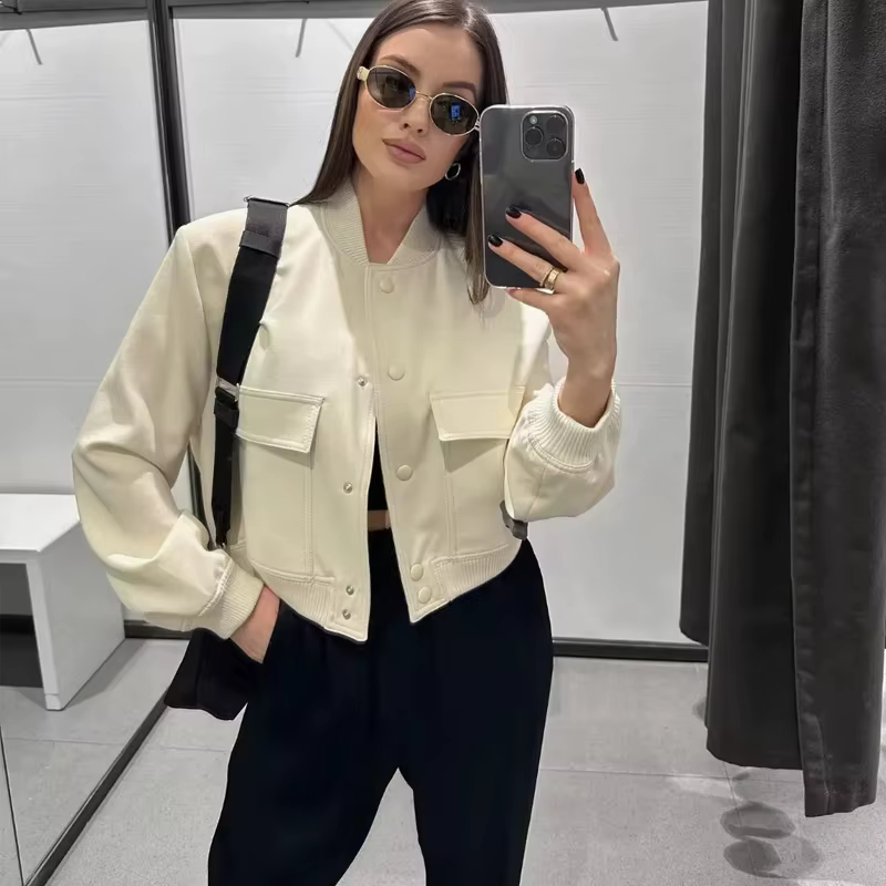 HXAO femme Bomber veste manteau blanc automne hiver bouton Baseball aviateur recadrée vestes pour fe