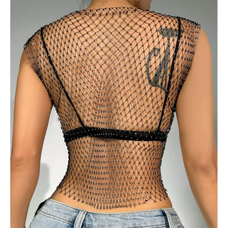 Haut court en résille pour femmes, Sexy, strass brillants, débardeur Y2K, transparent, Cover-Up pour