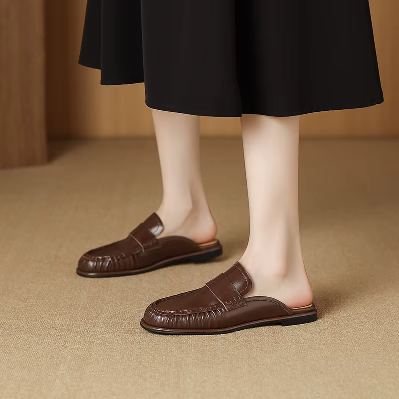 Sandales à enfiler pour femmes 2026 en cuir de vachette véritable, style rétro, confortables, taille