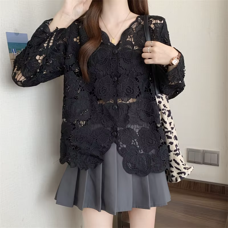 Boring Honey grande taille dentelle Crochet évider col en v chemise à manches longues femmes à la mo