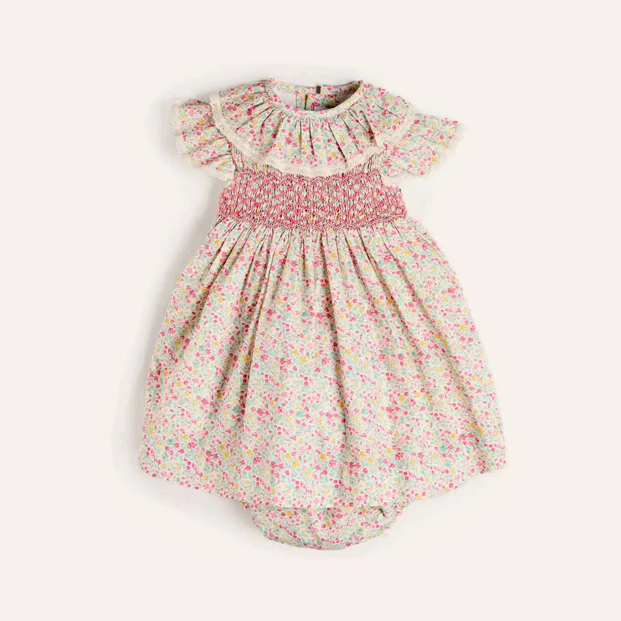 Ensemble 2 pièces pour bébé fille, col à volants smockés à la main, motif floral estival, style vint
