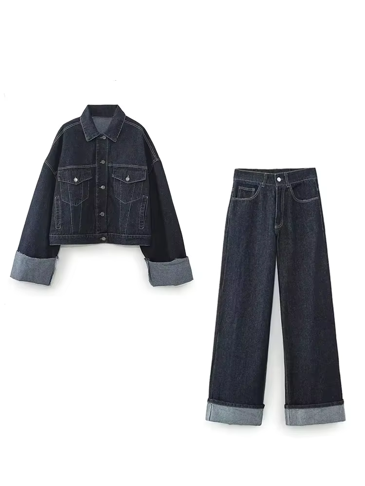 Pantalon en Denim taille haute pour femme, jambes larges + manches longues avec poches à rabat, mant