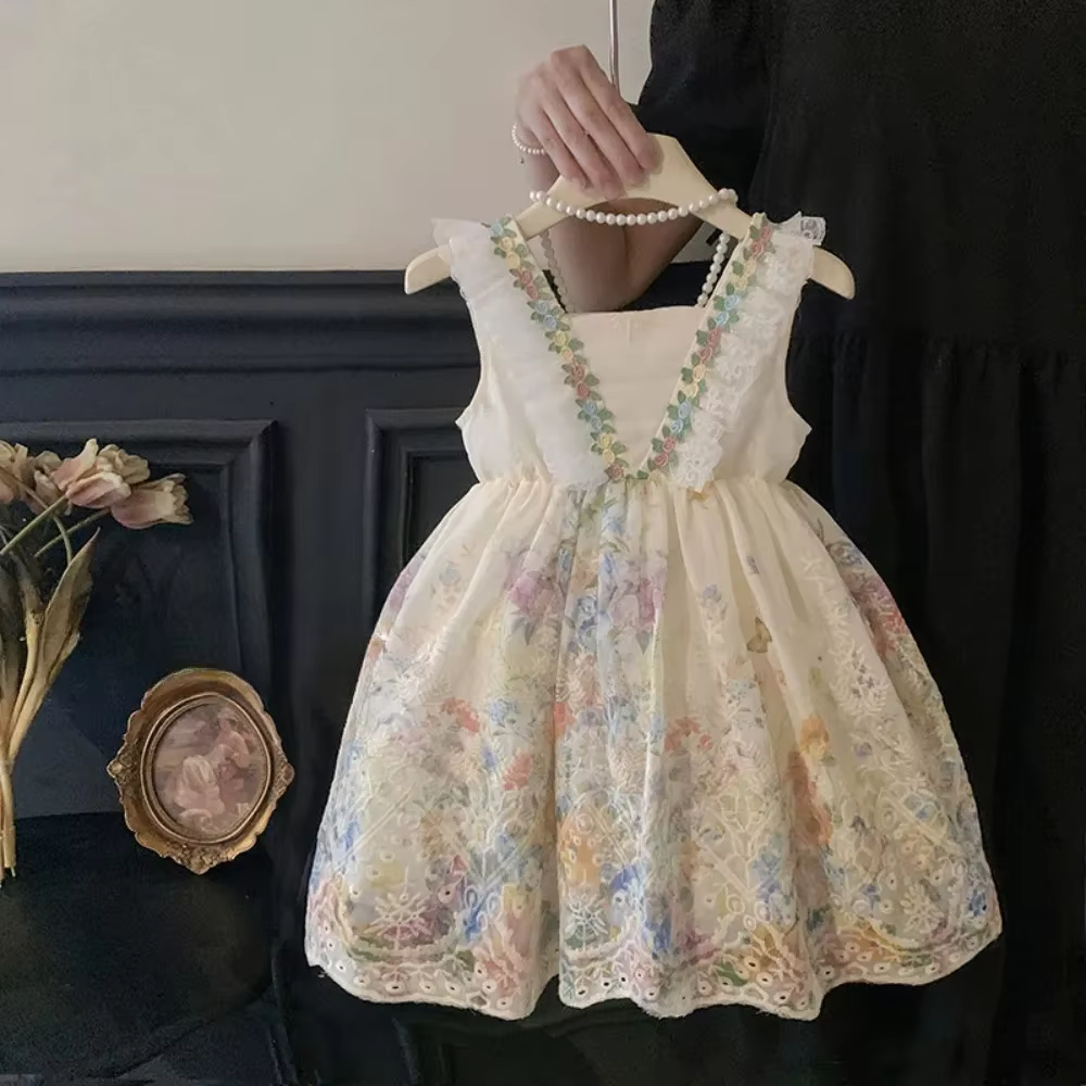 Mode 2-7 ans fille imprimer dentelle sans manches gilet princesse robes été Beige fleur enfants vête