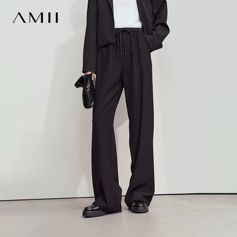 AMII 2025 automne femmes pantalon ample décontracté à lacets élastique jambe large pantalon droit so