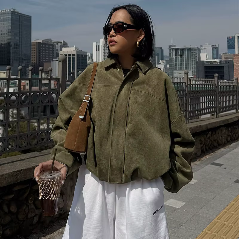 HXAO femmes Bomber veste revers fermeture éclair manches longues veste en daim femmes 2025 haute rue