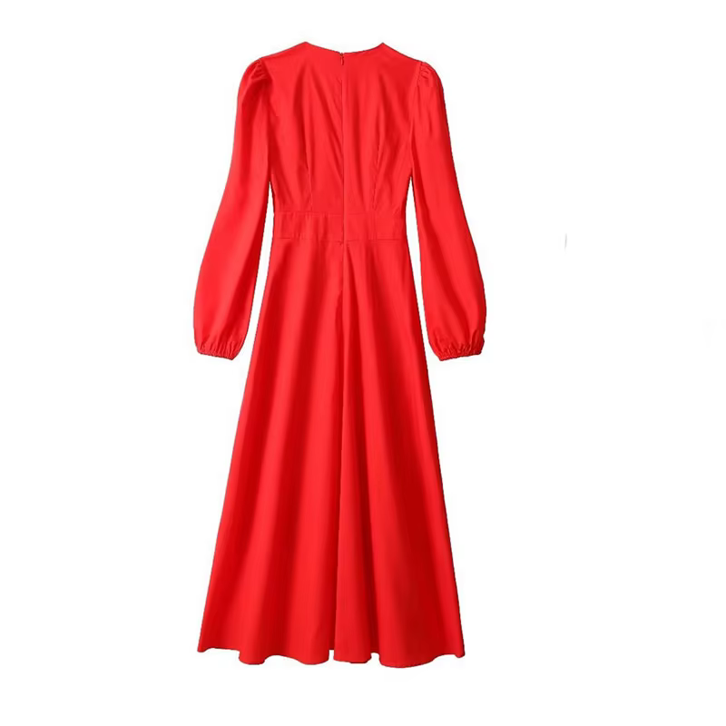 Robes trapèze élégantes col en V à manches longues, robe unie rouge princesse Kate