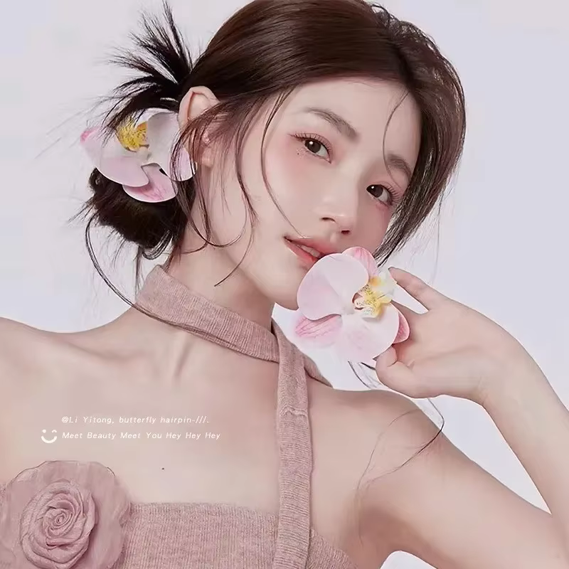 Pince à cheveux en forme de fleur d'orchidée rose doux, Barrettes à cheveux en perles coréennes, orn