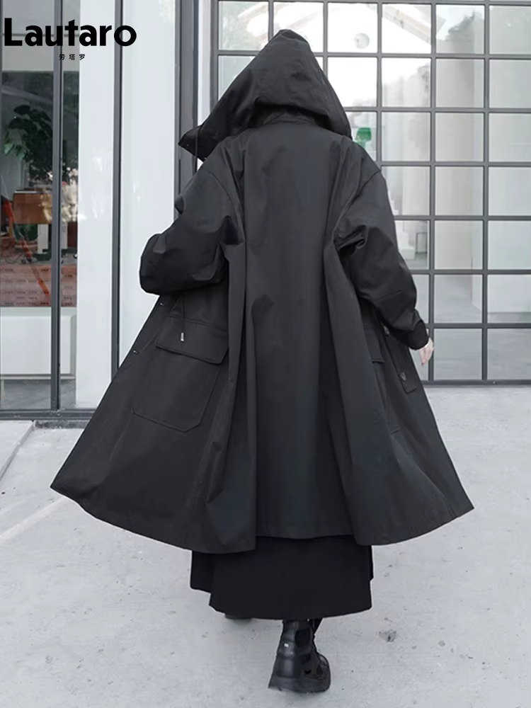 Lautaro-Manteau Long Respirant Noir avec Capuche pour Femme, Vêtements de Créateur de Luxe, Dark Aca