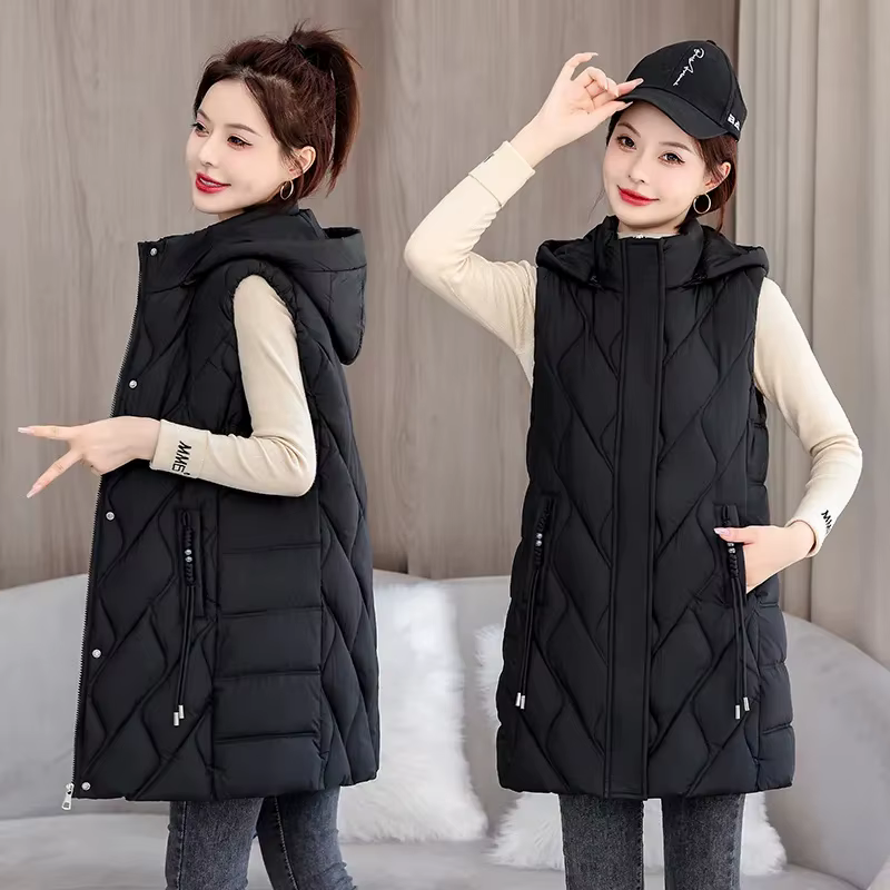 2025 automne hiver mi-long vers le bas coton veste femmes gilet manteau à capuche gilet décontracté 