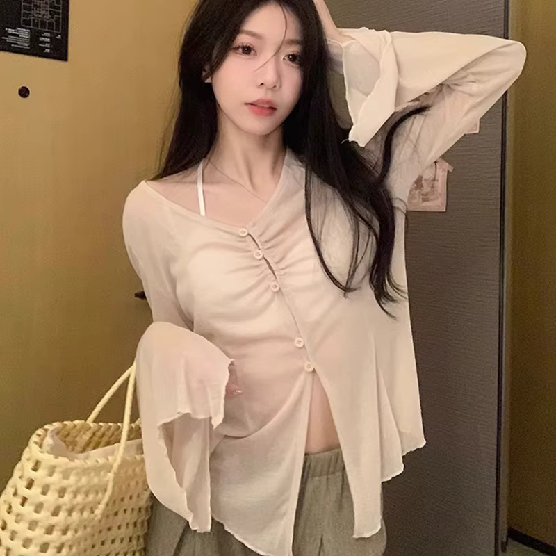 Cardigan fin d'été pour femmes, Sexy, transparent, simple boutonnage, col en v, Harajuku, mode corée