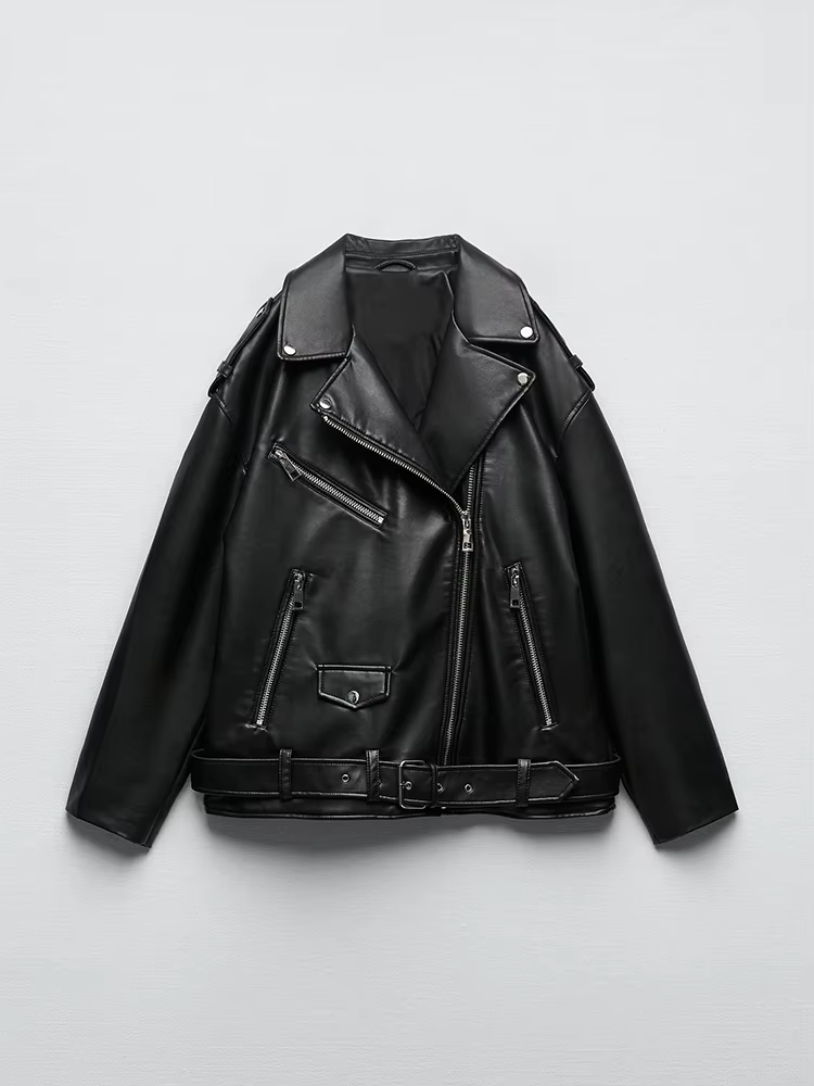Ailegogo femmes ample moto motard noir Pu Faux cuir veste avec ceinture printemps automne femme mant