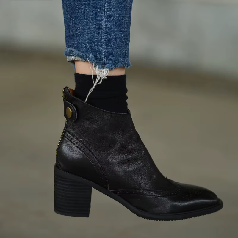 Bottines en cuir de vache à talons épais pour femme, chaussures classiques, Style européen, automne,