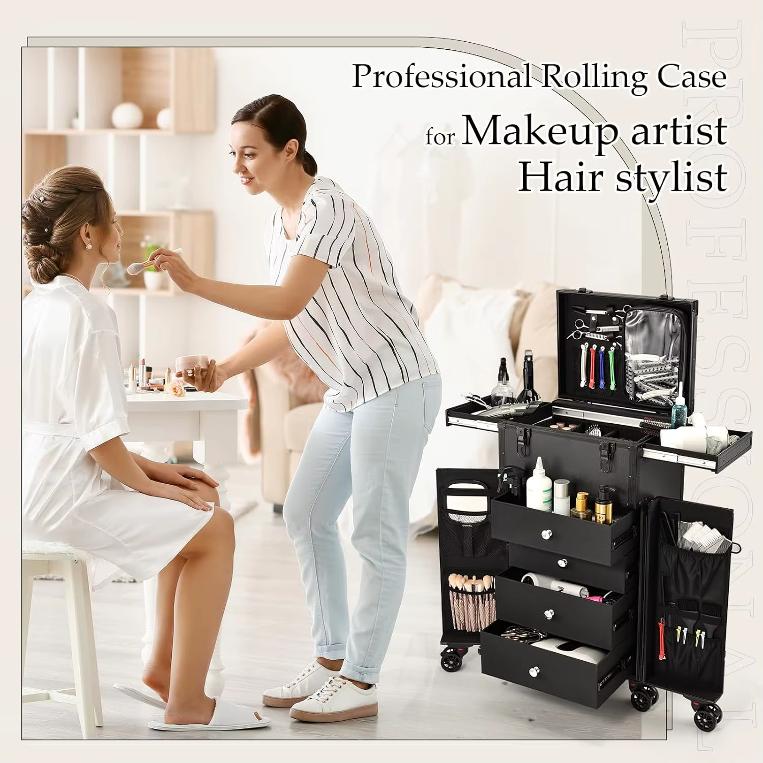 Trousse de maquillage professionnelle à roulettes, 4 tiroirs, étui de Train cosmétique pour coiffeur