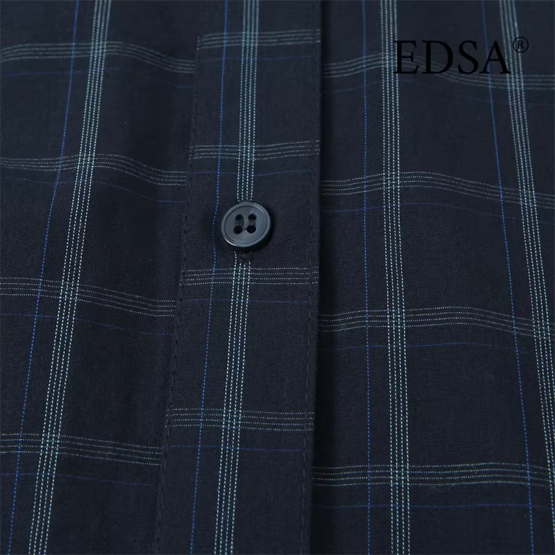 EDSA chemise à carreaux bleu marine pour femmes avec poche carrée pour bureau dame simple boutonnage