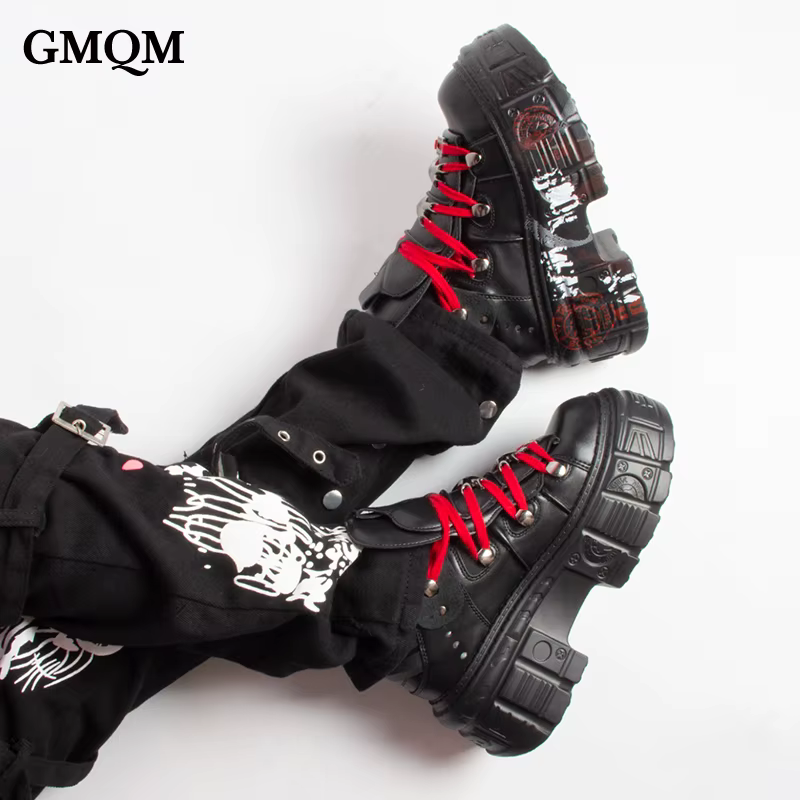 GMQM – bottines à plateforme plate pour femmes, Style Punk, noir, rouge, talons hauts, bout rond, se