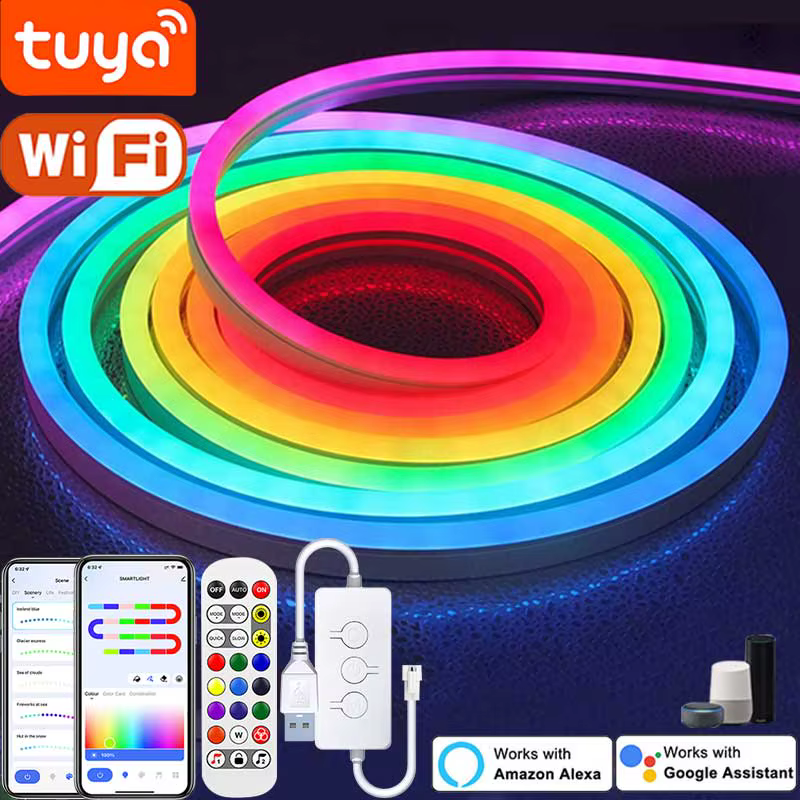 Bande lumineuse LED néon TUYA, 5V, 72 diodes/M, corde lumineuse en Silicone avec synchronisation de