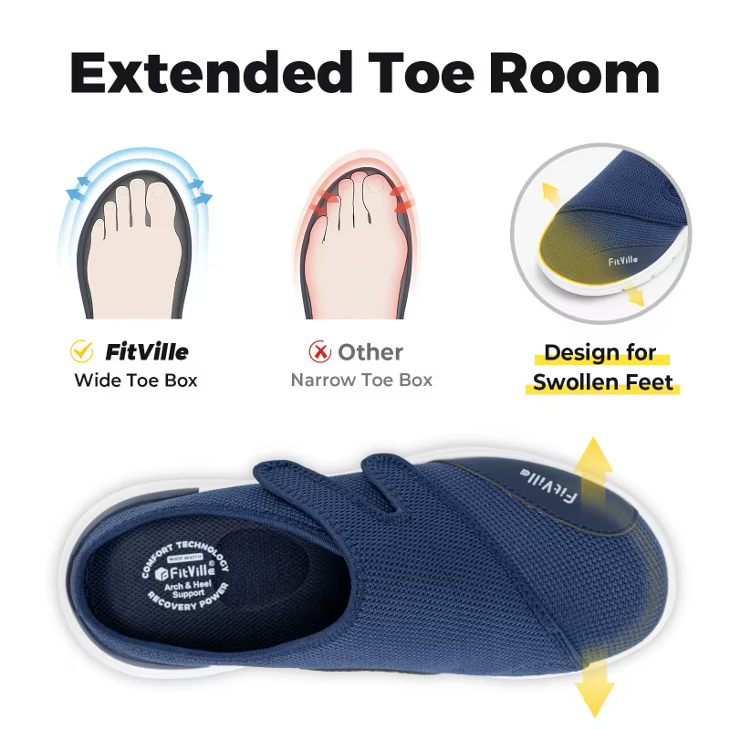 FitVille – Demi-chaussons pour hommes, chaussures diabétiques extra larges 4E, réglables, légères, d